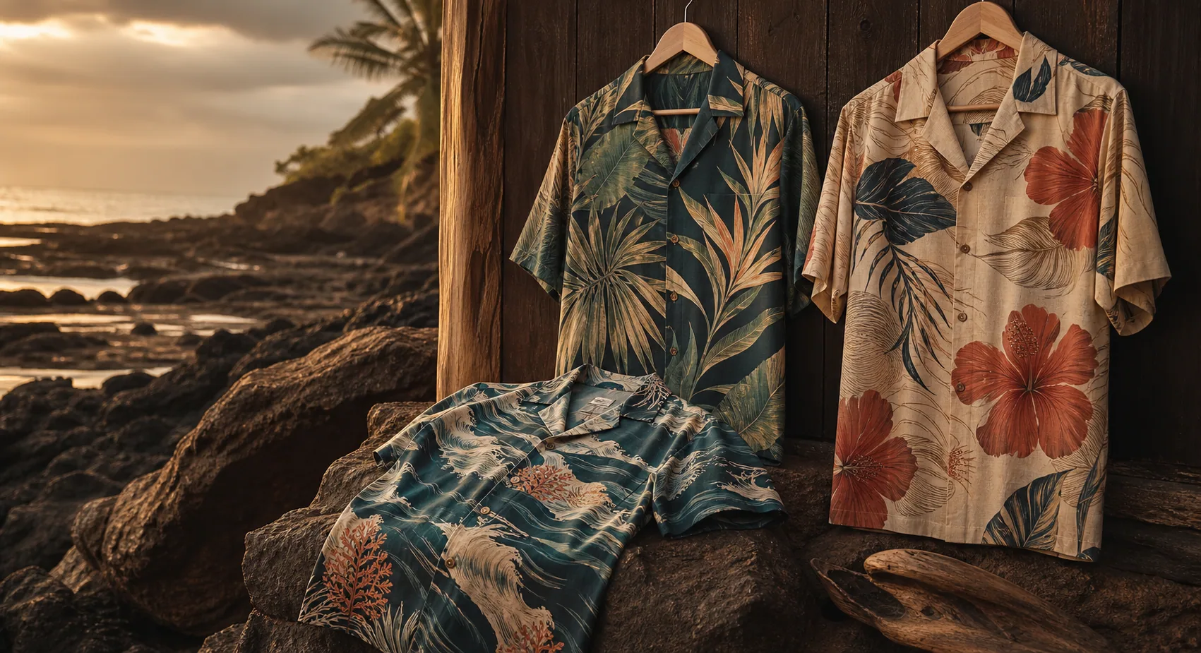 Editorial arrangement of bold botanical aloha shirts beside a warm rocky coast
