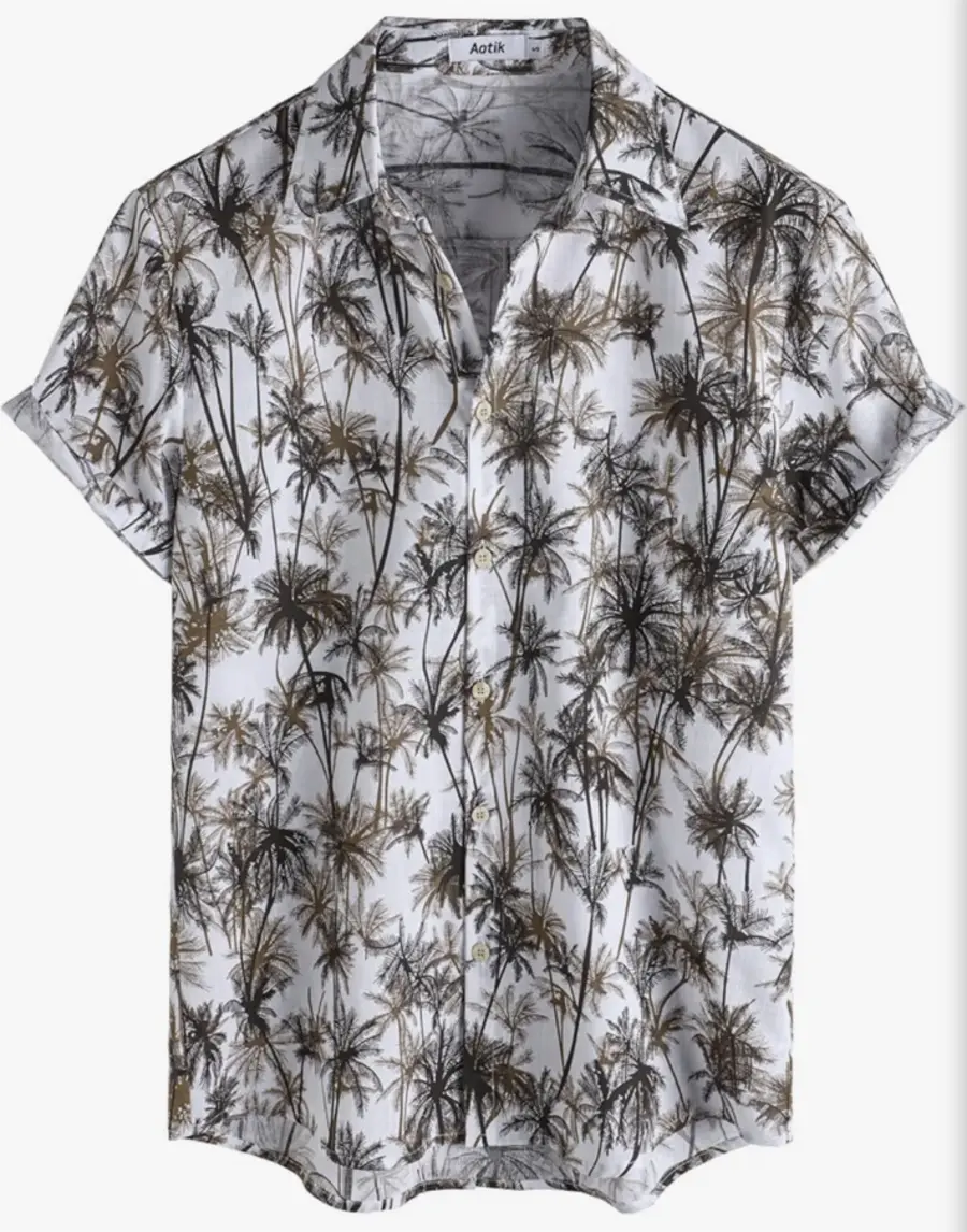 White AOTIK shirt with brown and black palm-tree print
