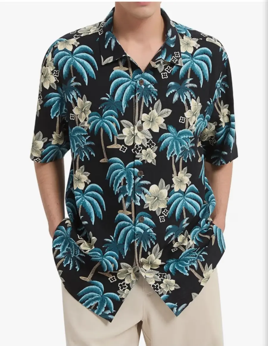 Black LUXSTITCH shirt with teal palms and cream flowers