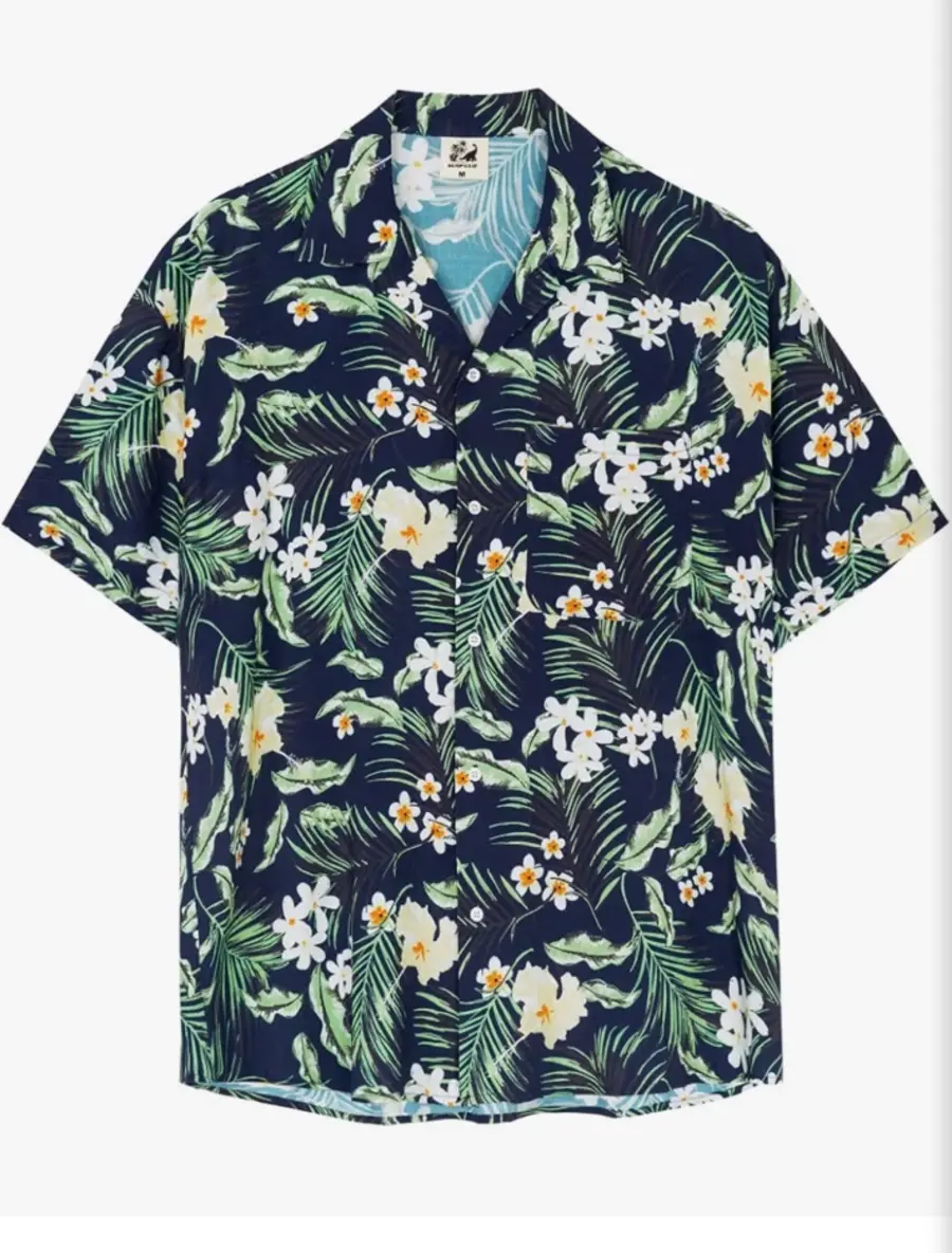Dark navy SURF CUZ shirt with green palms and white flowers